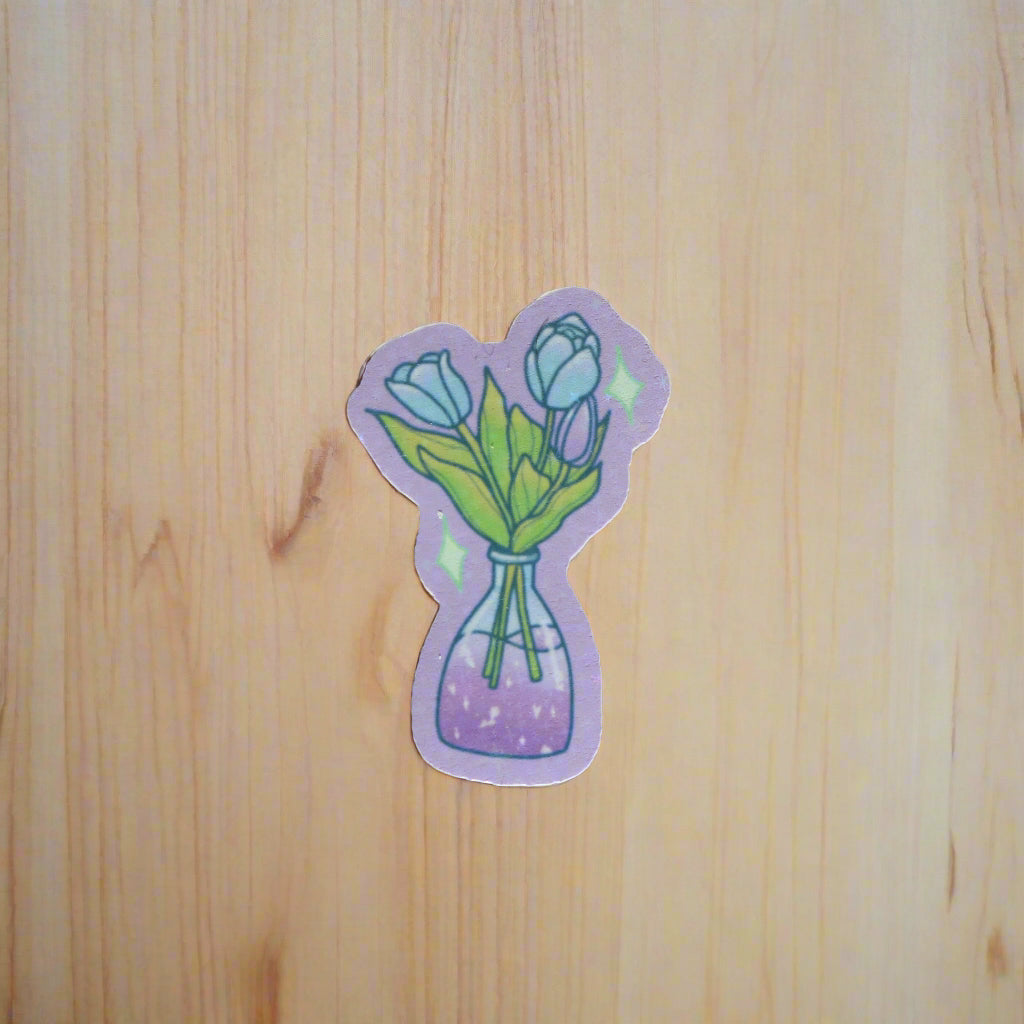 Holographic Flower In Vase Sticker - Die Cut